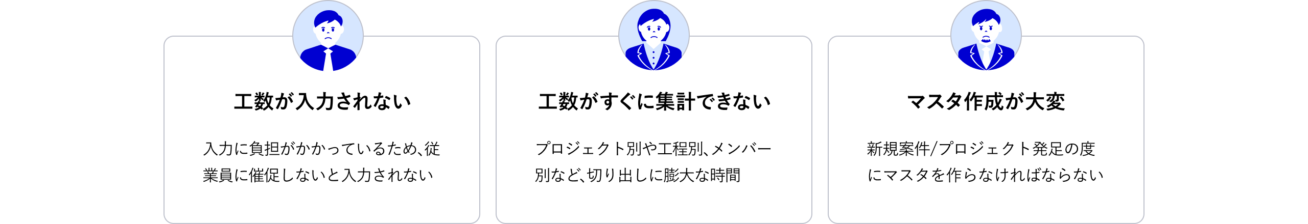 工数が入力されない 入力に負担がかかっているため、従業員に催促しないと入力されない／工数がすぐに集計できない プロジェクト別や工程別、メンバー別など、切り出しに膨大な時間／マスタ作成が大変 新規案件/プロジェクト発足の度にマスタを作らなければならない